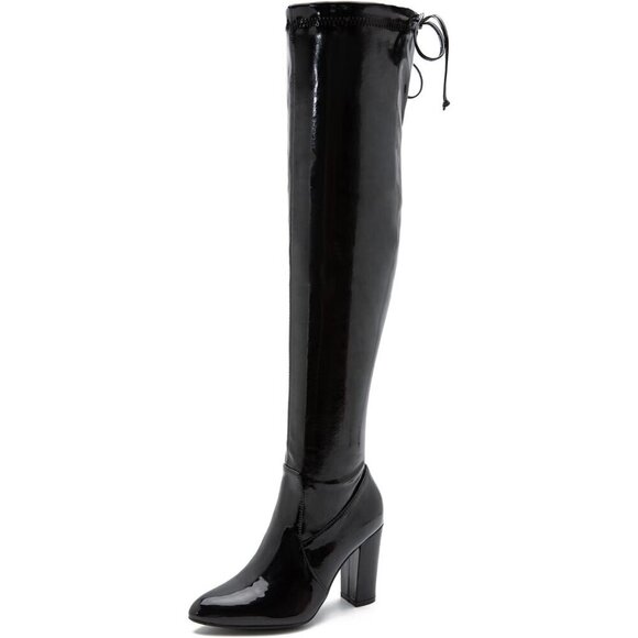 Shoes - Women Black Pu Leather Pointed Toe Zipper Over The Knee Thigh High Long Boots